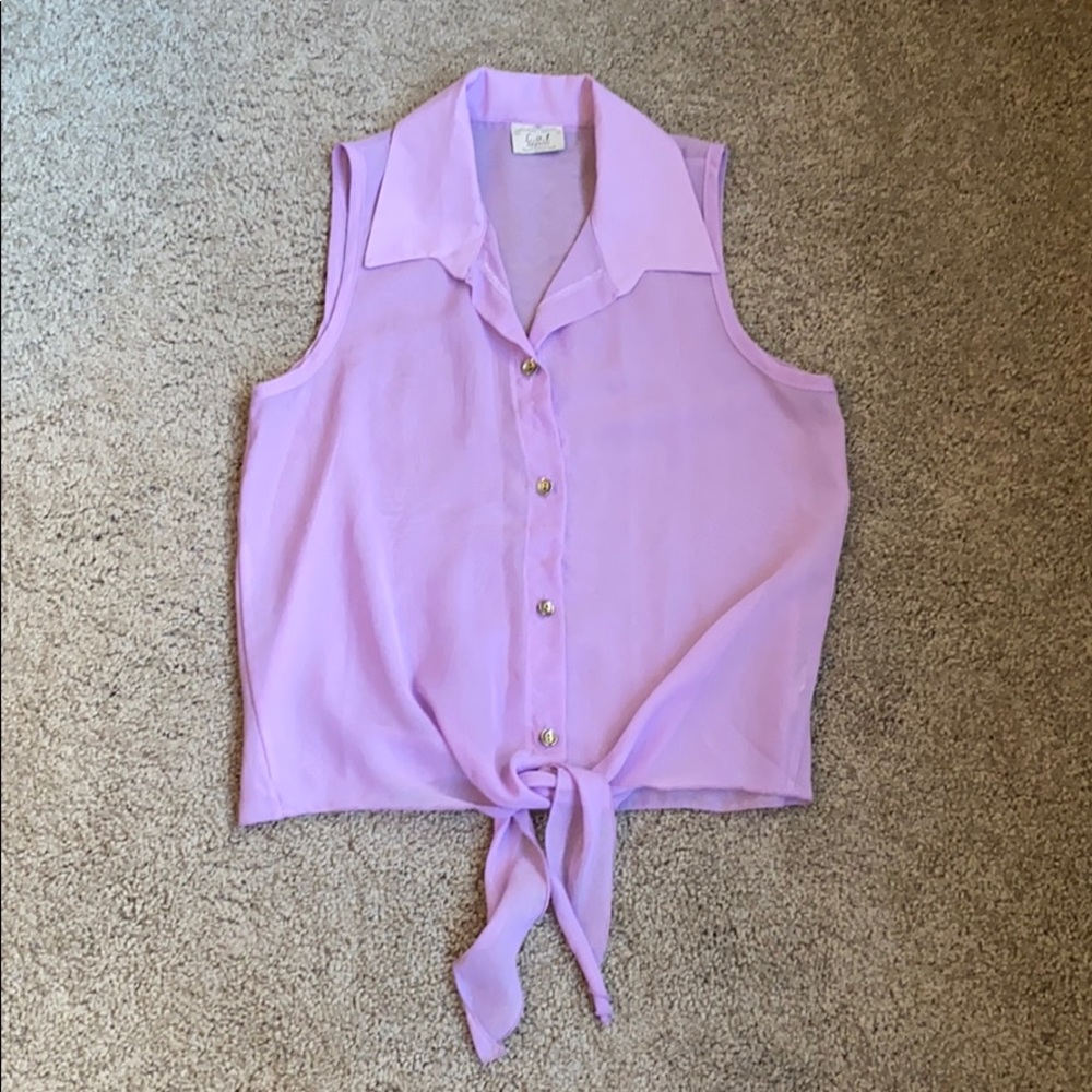 Purple chiffon collared button-down tank with tie